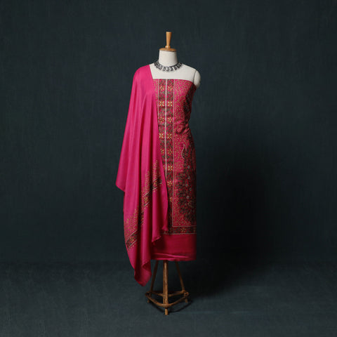 Pink - 3pc Heavy Chain Stitch Embroidered Wool Unstitched Dress Material Suit Set 82