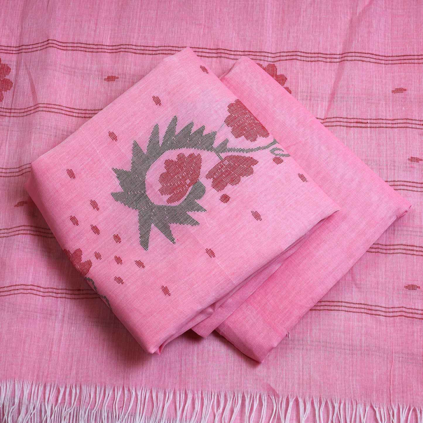 Pink - 3pc Handloom Cotton Manipuri Dress Material 04