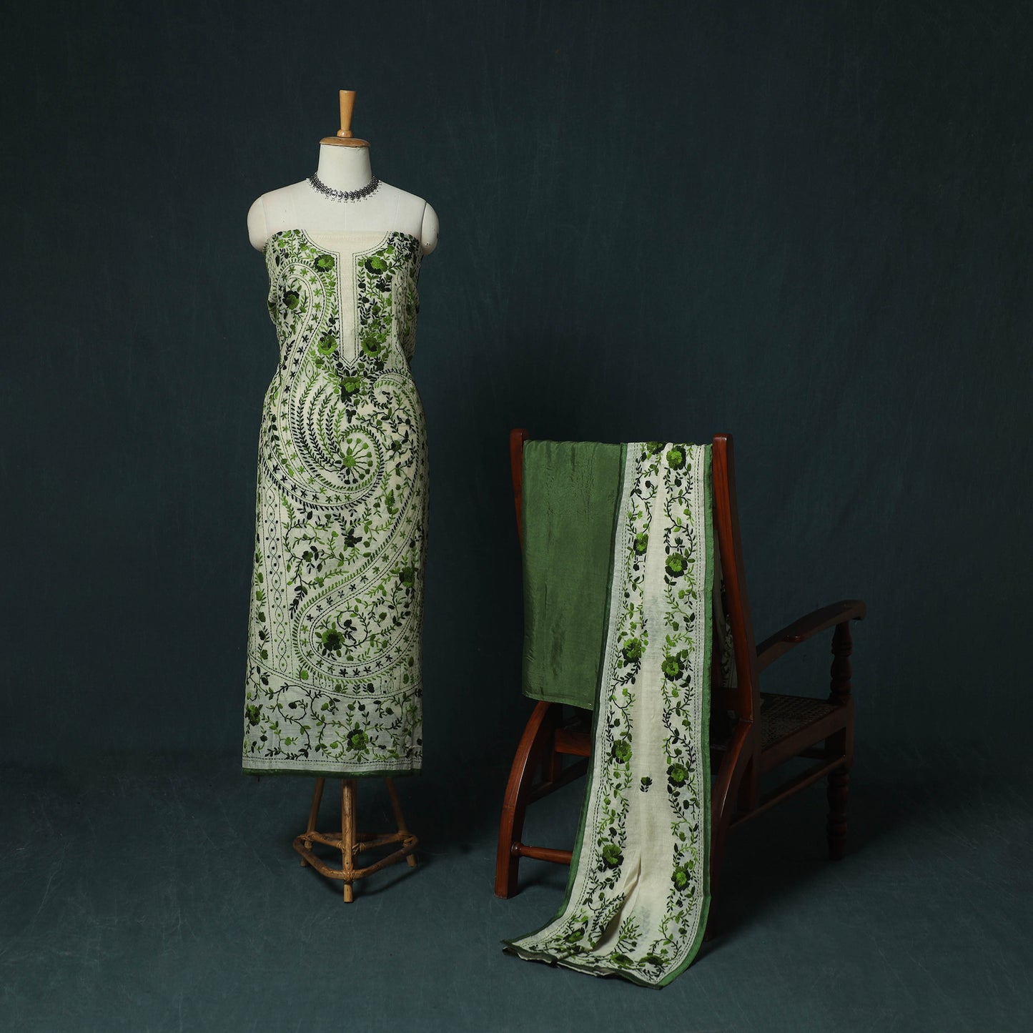 Green - Hand Embroidered Chanderi Silk 3pc Unstitched Dress Material 40