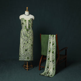 Green - Hand Embroidered Chanderi Silk 3pc Unstitched Dress Material 40
