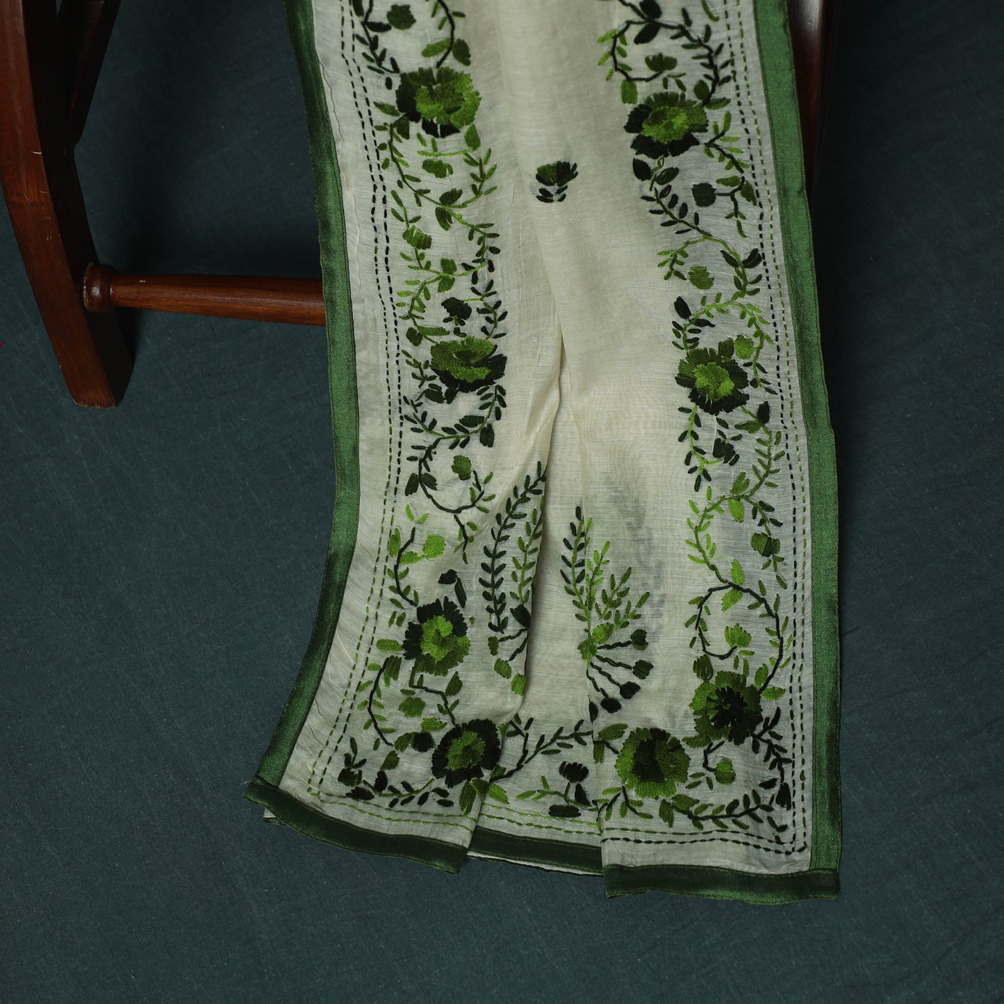 Green - Hand Embroidered Chanderi Silk 3pc Unstitched Dress Material 40