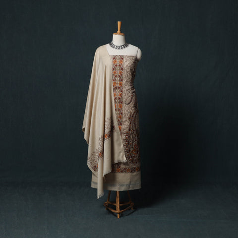 Beige - 3pc Heavy Chain Stitch Embroidered Wool Unstitched Dress Material Suit Set 84