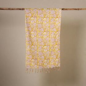 Yellow Block Print Cotton Sanganeri Stole with Tassels