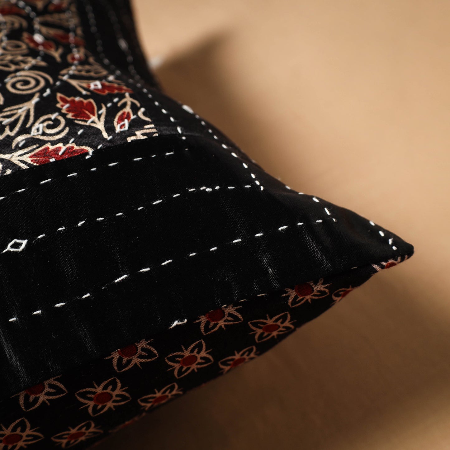 Kutch Tagai Patchwork Ajrakh Mashru Silk Cushion Cover (16 x 16 in) 02