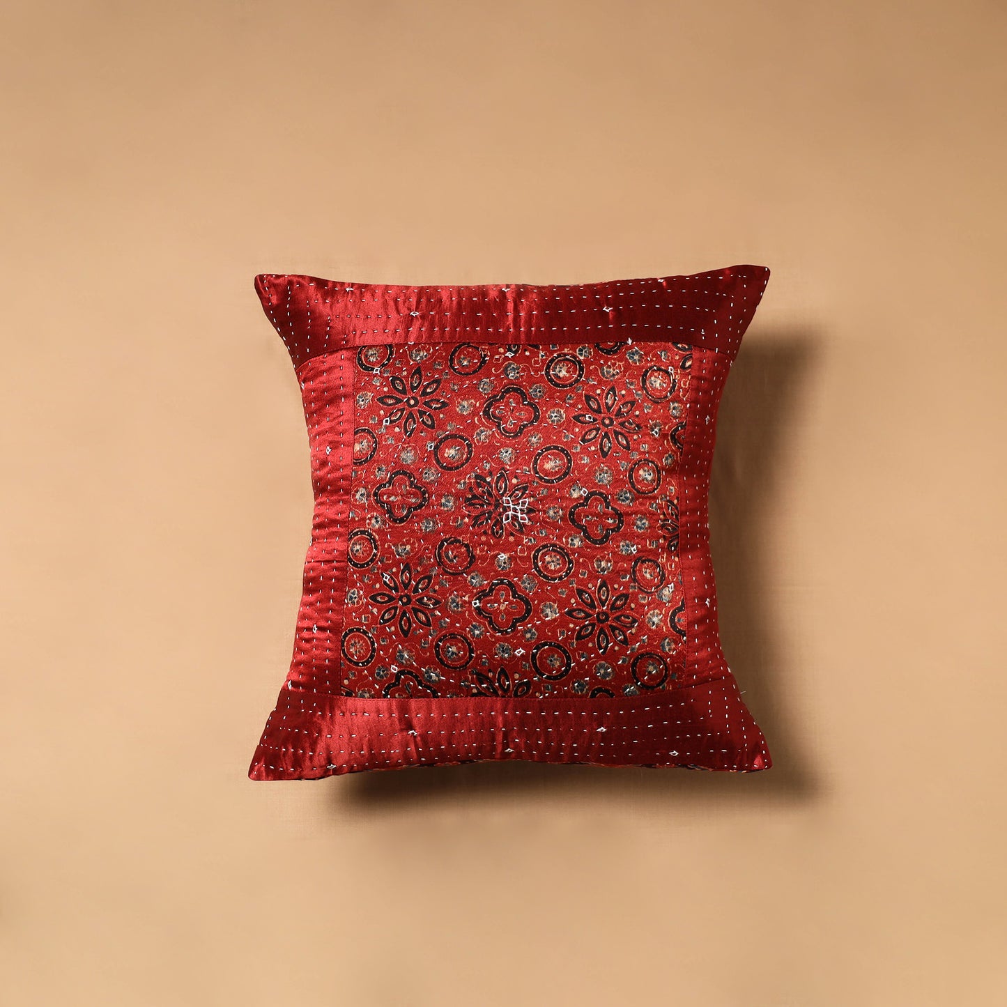 Kutch Tagai Patchwork Ajrakh Mashru Silk Cushion Cover (16 x 16 in) 01