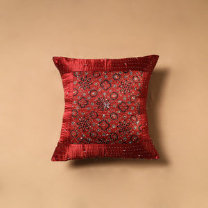 Red - Kutch Tagai Patchwork Ajrakh Mashru Silk Cushion Cover (16 x 16 in) 01