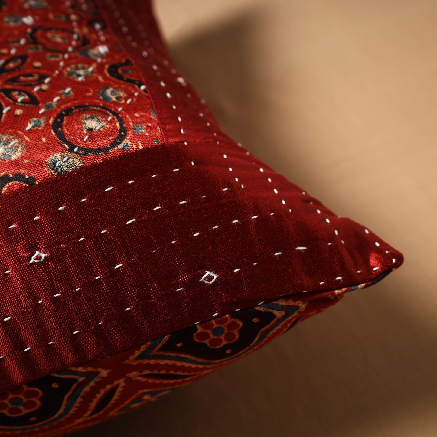 Kutch Tagai Patchwork Ajrakh Mashru Silk Cushion Cover (16 x 16 in) 01