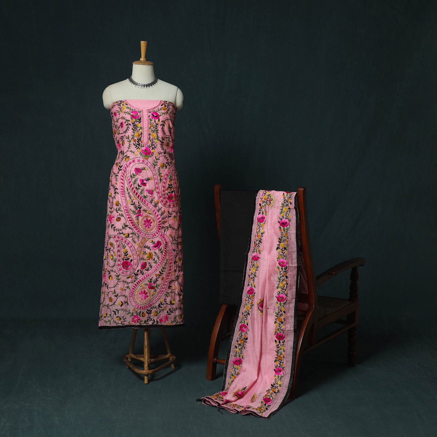 Pink - Hand Embroidered Chanderi Silk 3pc Unstitched Dress Material 41