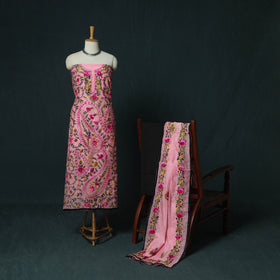Pink - Hand Embroidered Chanderi Silk 3pc Unstitched Dress Material 41