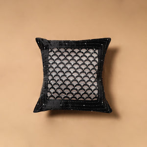 Black - Kutch Tagai Patchwork Ajrakh Mashru Silk Cushion Cover (16 x 16 in) 04