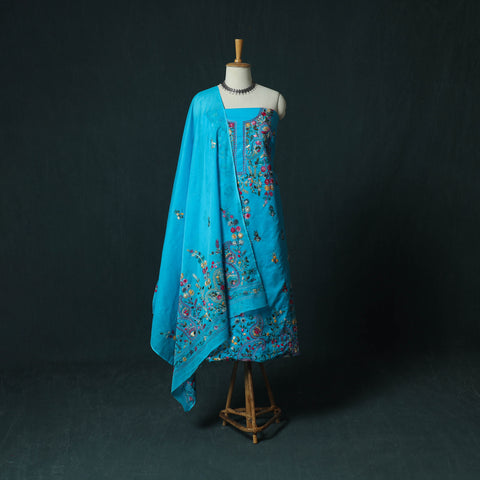 Blue - Hand Embroidered Cotton 3pc Unstitched Dress Material 42