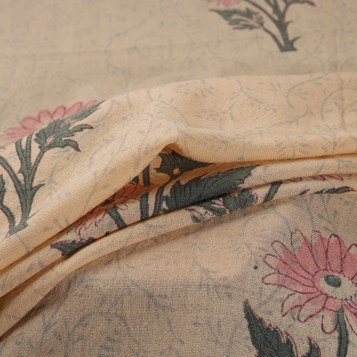Handwoven Merino Wool Floral Hand Block Sanganeri Print Fabric 03