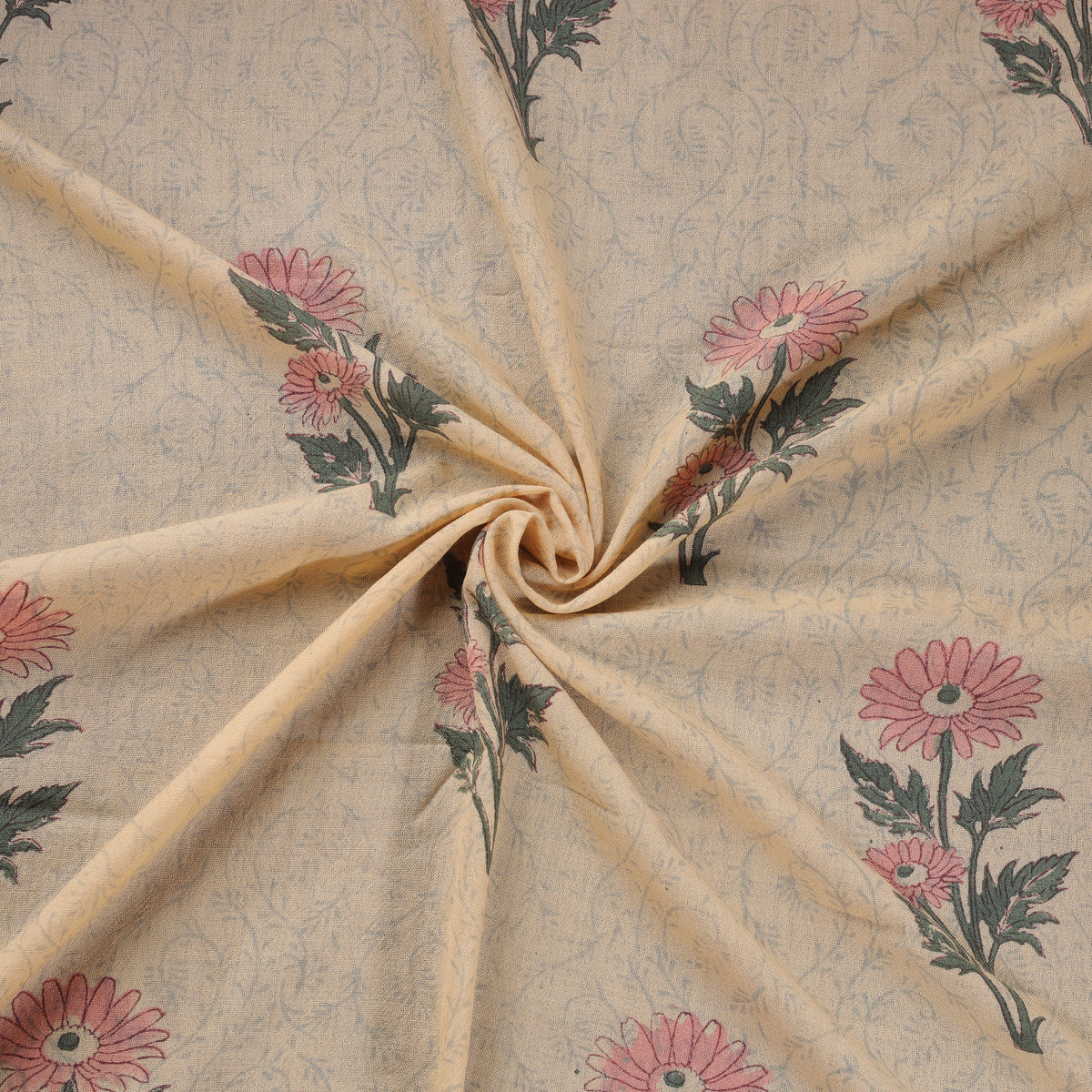 Handwoven Merino Wool Floral Hand Block Sanganeri Print Fabric 03