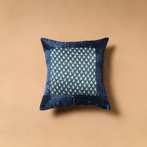 Blue - Kutch Tagai Patchwork Ajrakh Mashru Silk Cushion Cover (16 x 16 in) 03