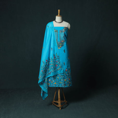 Blue - Hand Embroidered Cotton 3pc Unstitched Dress Material 44