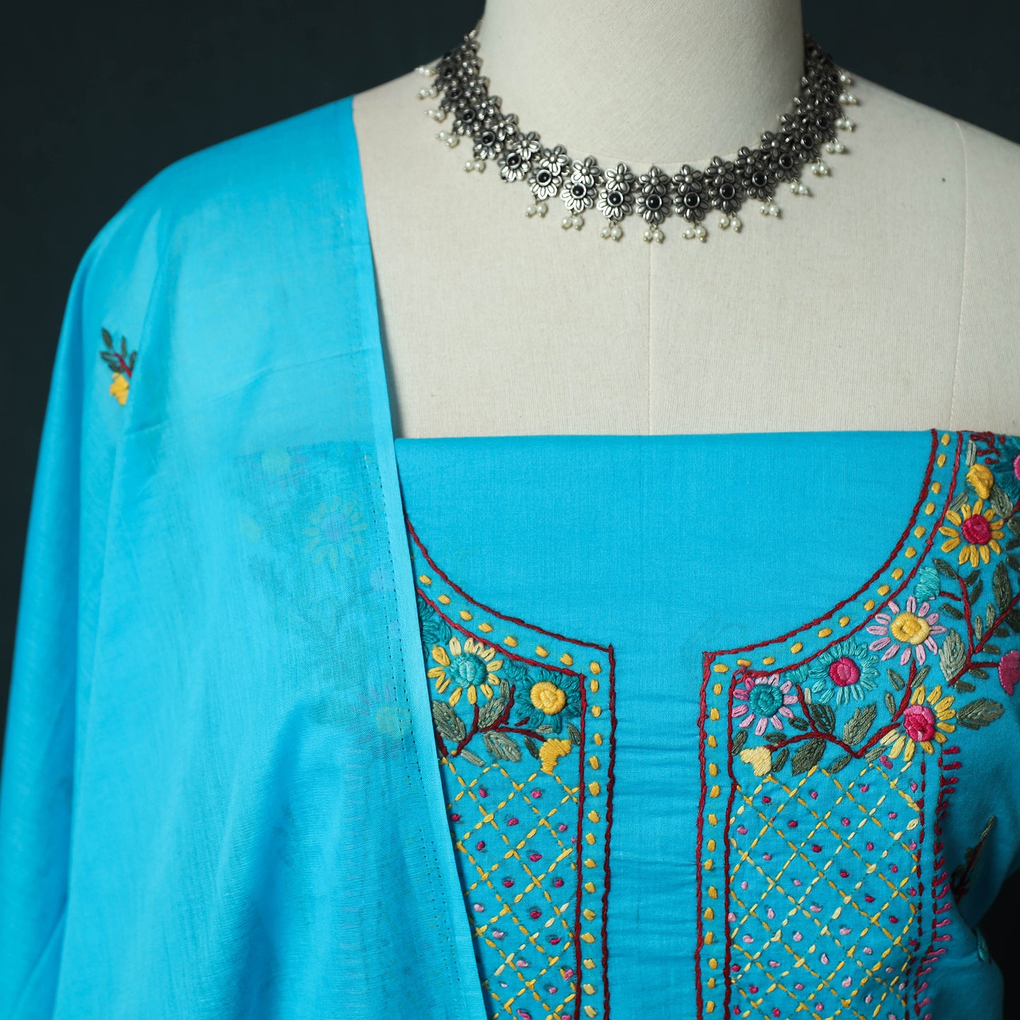 Blue - Hand Embroidered Cotton 3pc Unstitched Dress Material 44