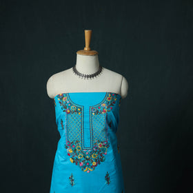 Blue - Hand Embroidered Cotton 3pc Unstitched Dress Material 44