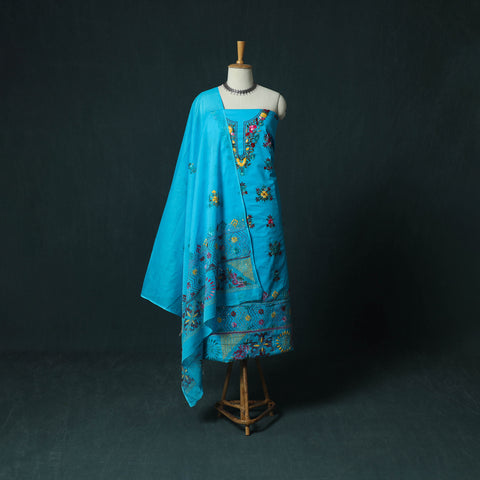 Blue - Hand Embroidered Cotton 3pc Unstitched Dress Material 43