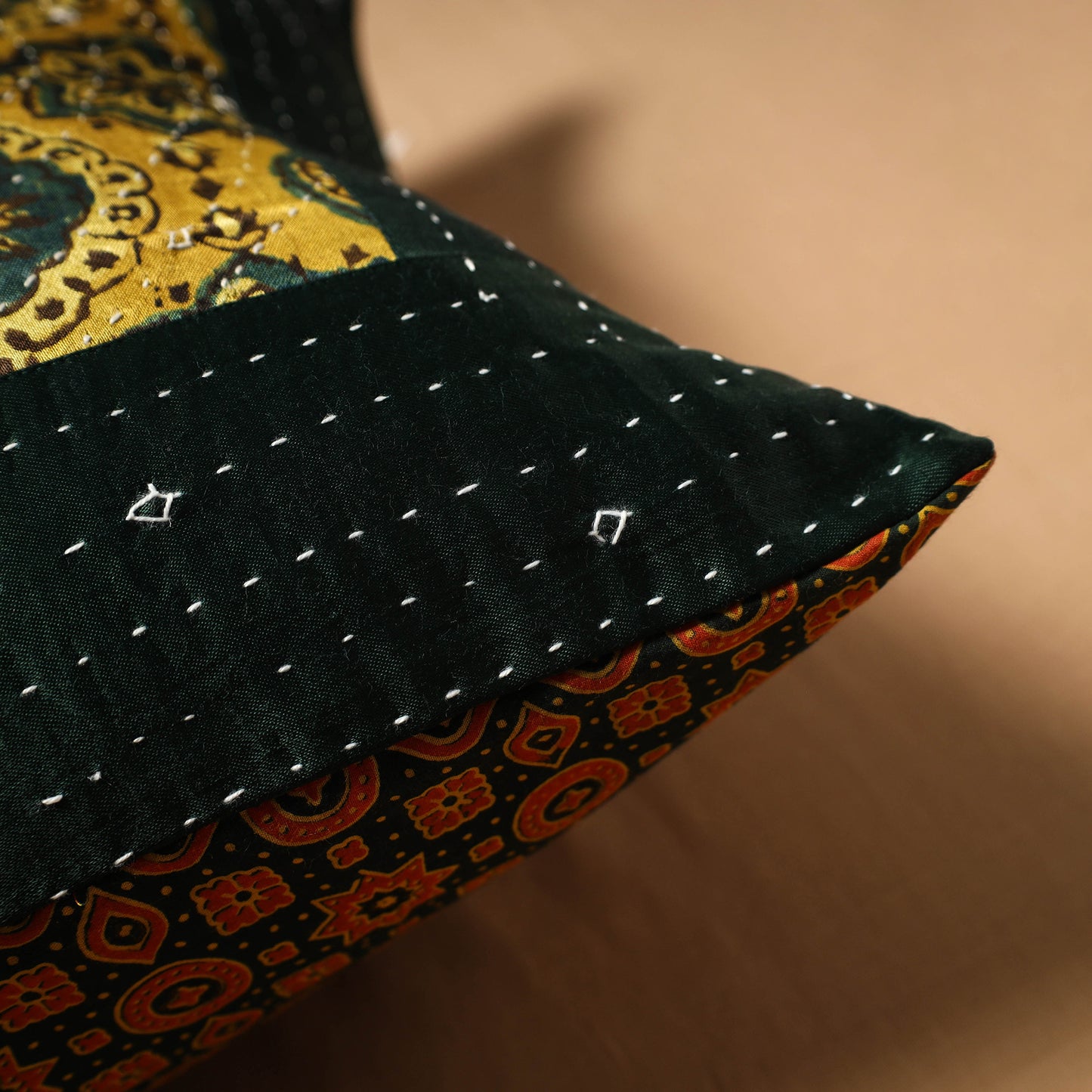 Kutch Tagai Patchwork Ajrakh Mashru Silk Cushion Cover (16 x 16 in) 07
