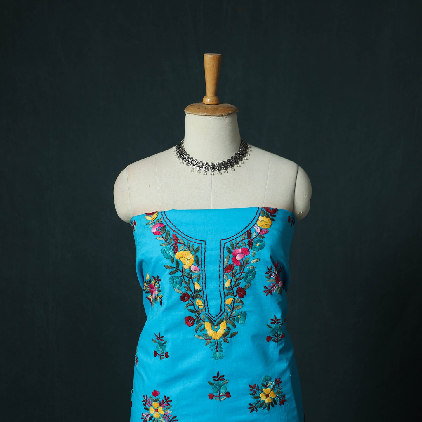 Blue - Hand Embroidered Cotton 3pc Unstitched Dress Material 43