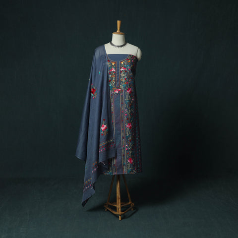 Gray - Hand Embroidered Cotton 3pc Unstitched Dress Material 45