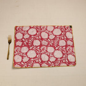 Hand Embroidered Floral Cotton Reversible Red Table Mat
