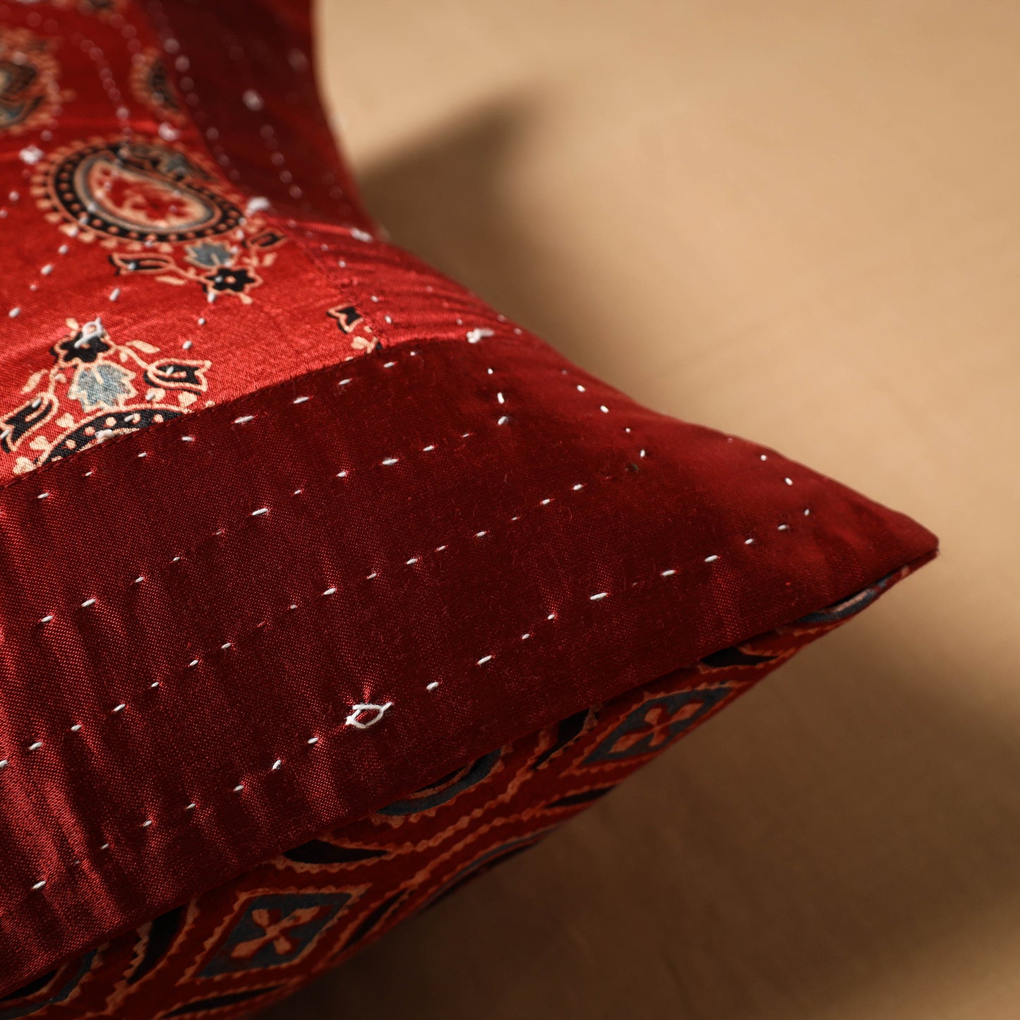 Kutch Tagai Patchwork Ajrakh Mashru Silk Cushion Cover (16 x 16 in) 09