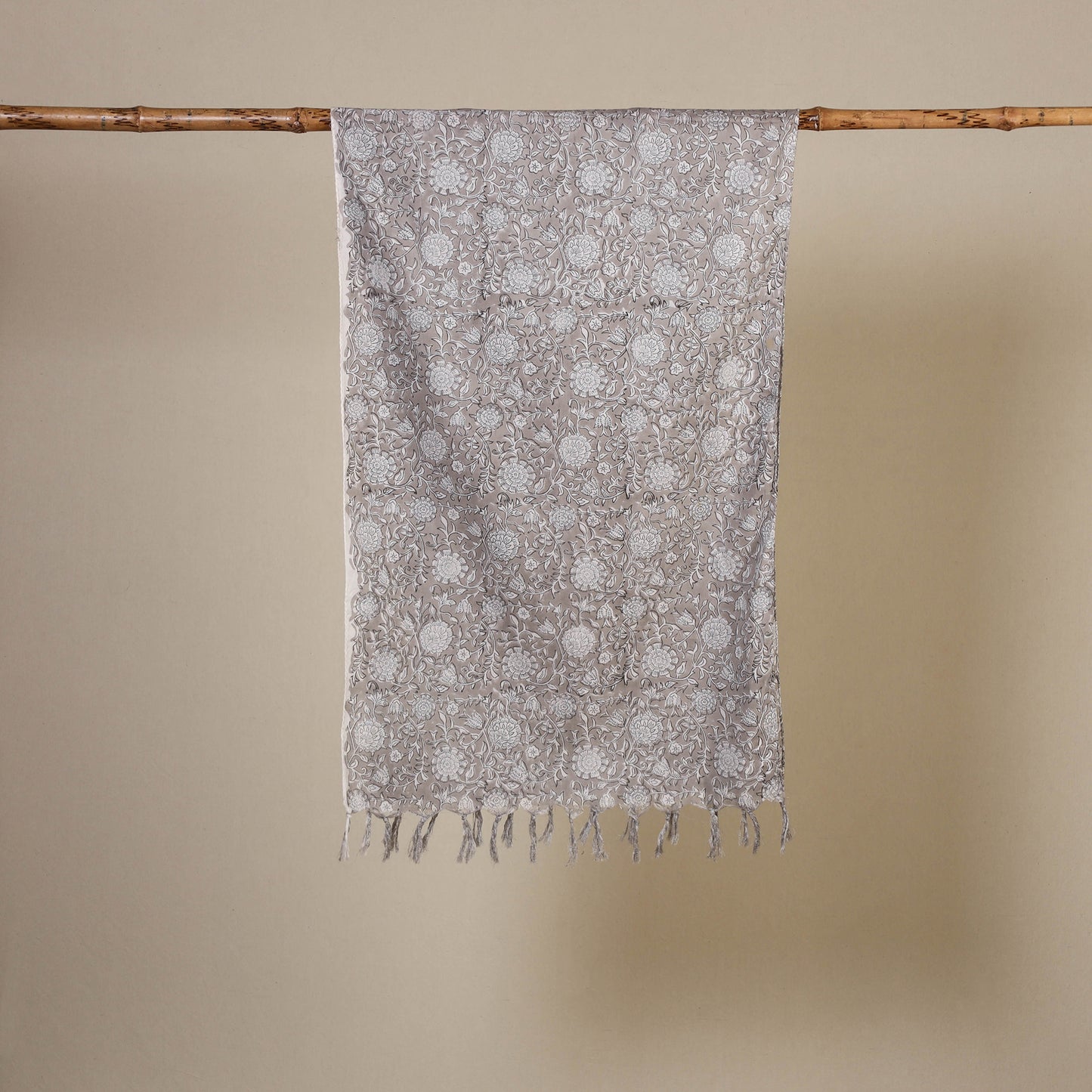 Grey Block Print Cotton Sanganeri Stole with Tassels