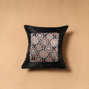 Black - Kutch Tagai Patchwork Ajrakh Mashru Silk Cushion Cover (16 x 16 in) 11