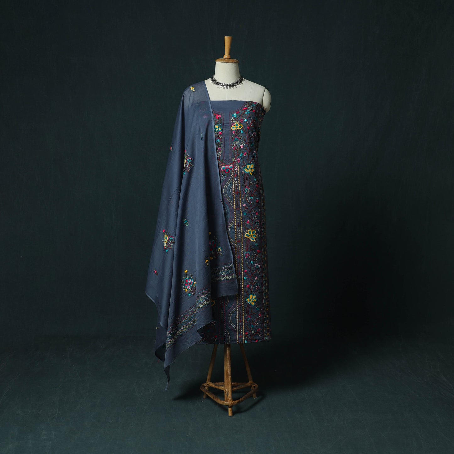 Blue - Hand Embroidered Cotton 3pc Unstitched Dress Material 46