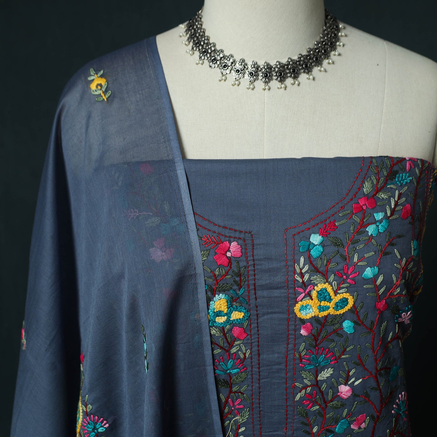 Blue - Hand Embroidered Cotton 3pc Unstitched Dress Material 46