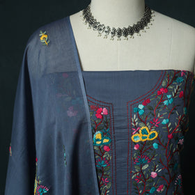 Blue - Hand Embroidered Cotton 3pc Unstitched Dress Material 46