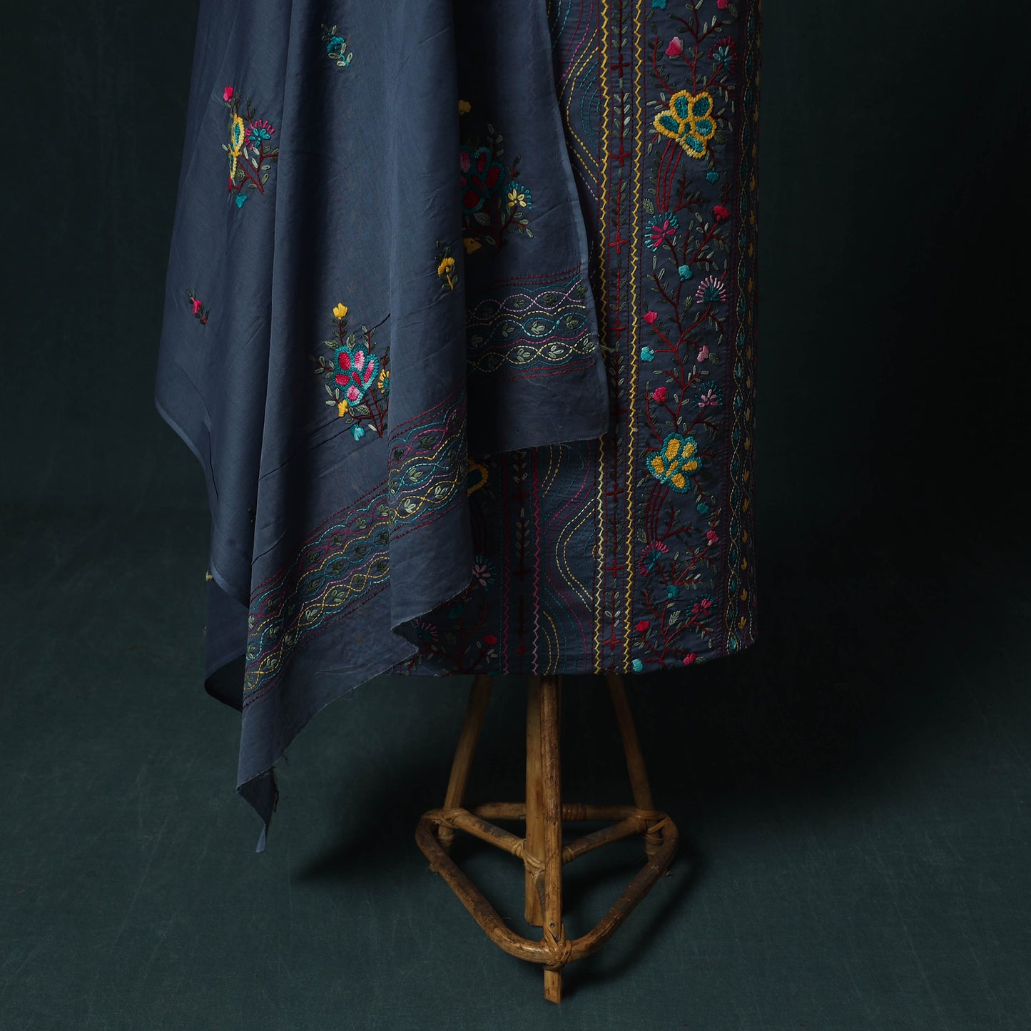 Blue - Hand Embroidered Cotton 3pc Unstitched Dress Material 46