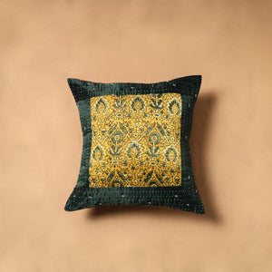 Yellow - Kutch Tagai Patchwork Ajrakh Mashru Silk Cushion Cover (16 x 16 in) 14