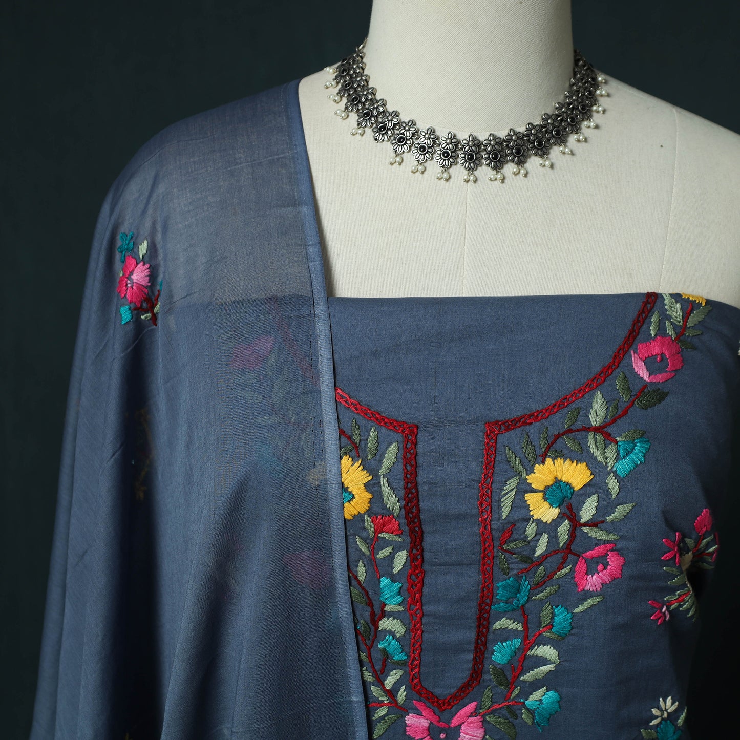 Blue - Hand Embroidered Cotton 3pc Unstitched Dress Material 47
