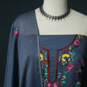 Blue - Hand Embroidered Cotton 3pc Unstitched Dress Material 47