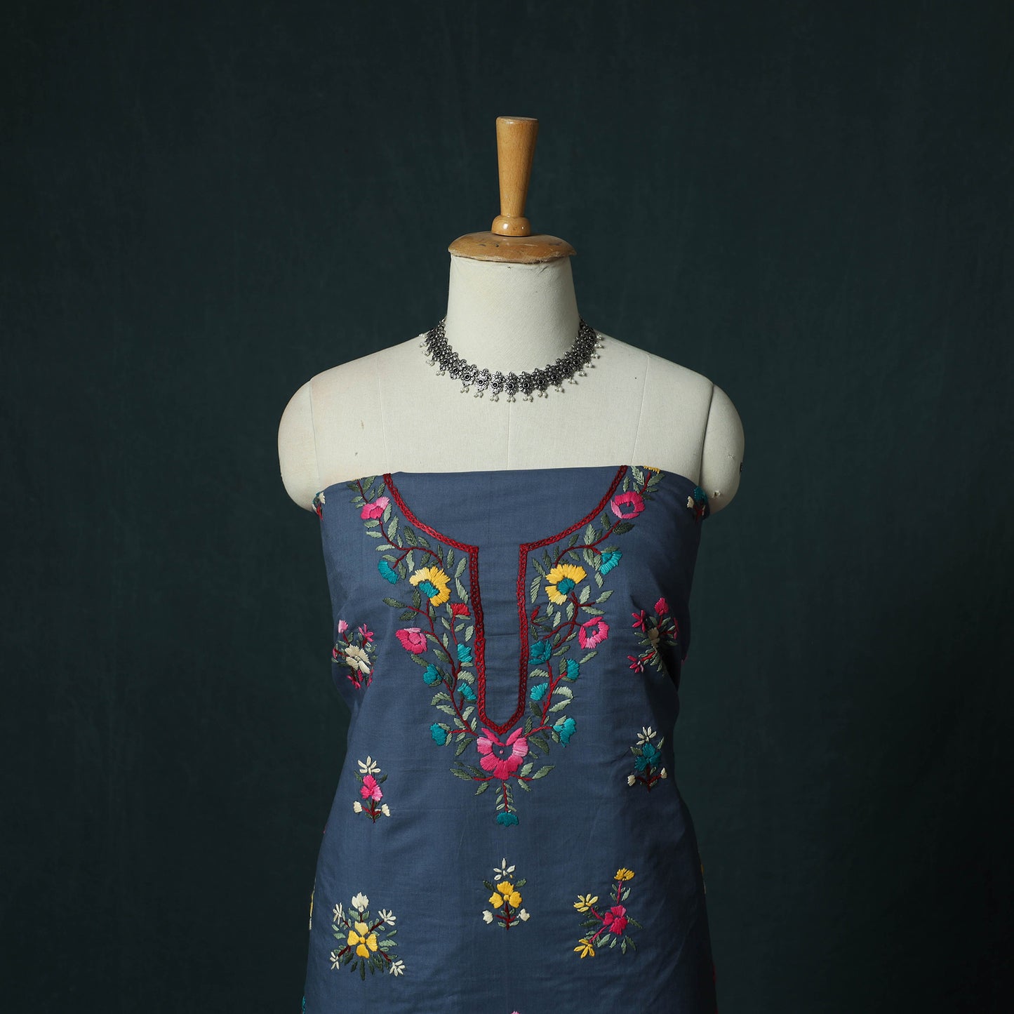 Blue - Hand Embroidered Cotton 3pc Unstitched Dress Material 47