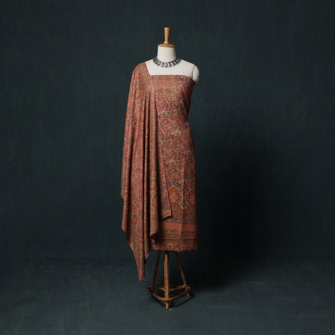 Brown - 3pc Digital Print Wool Unstitched Dress Material Suit Set 105