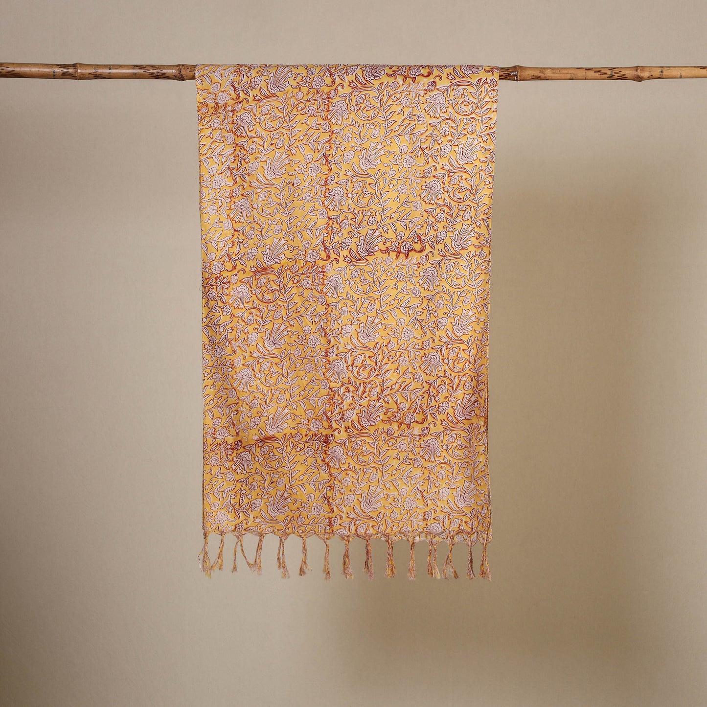 Yellow Block Print Cotton Sanganeri Stole with Tassels