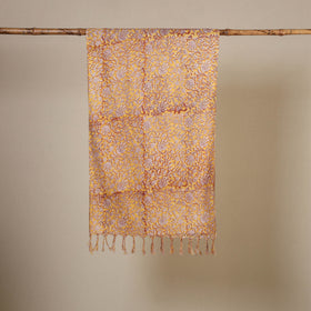 Yellow Block Print Cotton Sanganeri Stole with Tassels