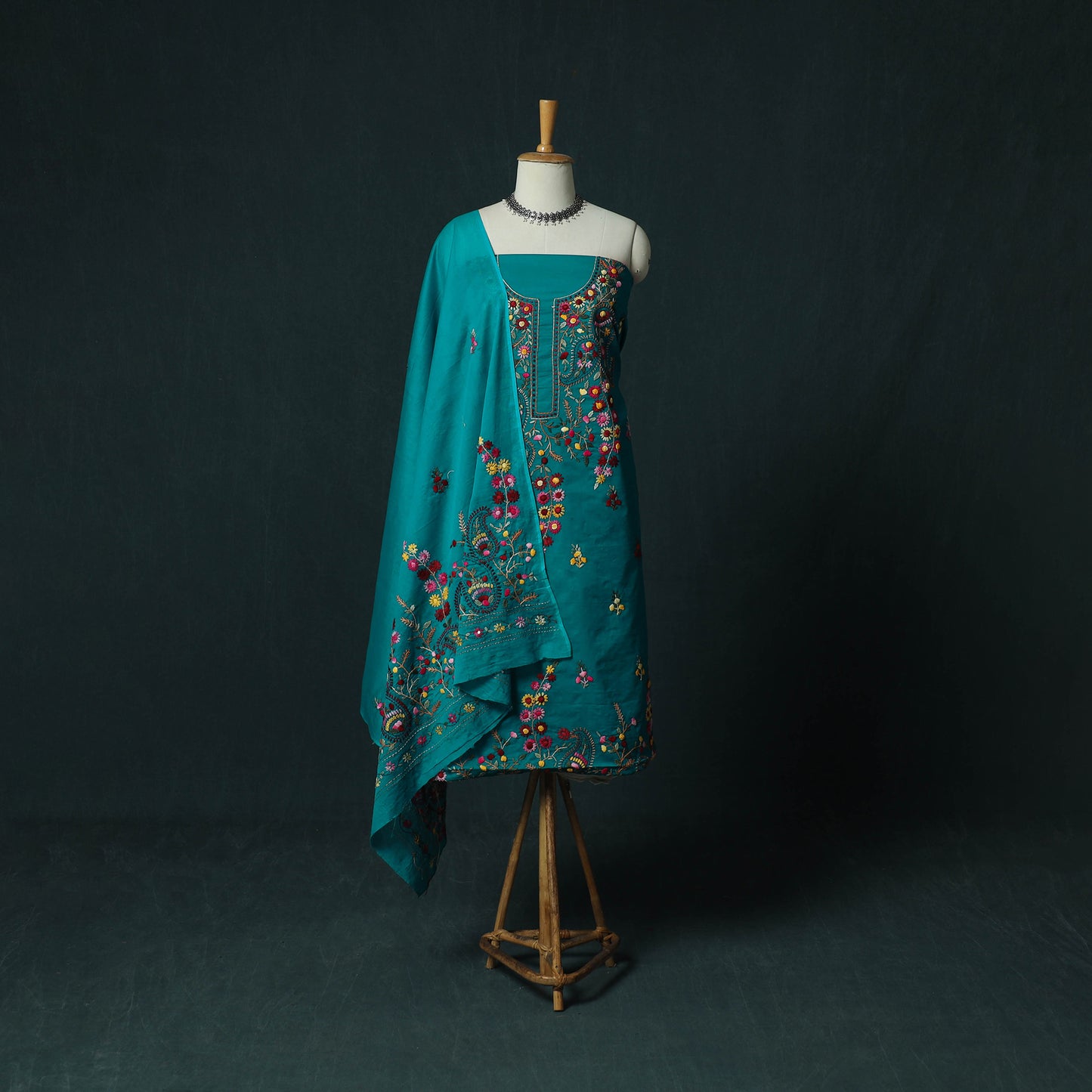 Blue - Hand Embroidered Cotton 3pc Unstitched Dress Material 49