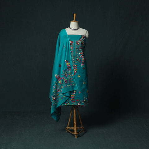 Blue - Hand Embroidered Cotton 3pc Unstitched Dress Material 49