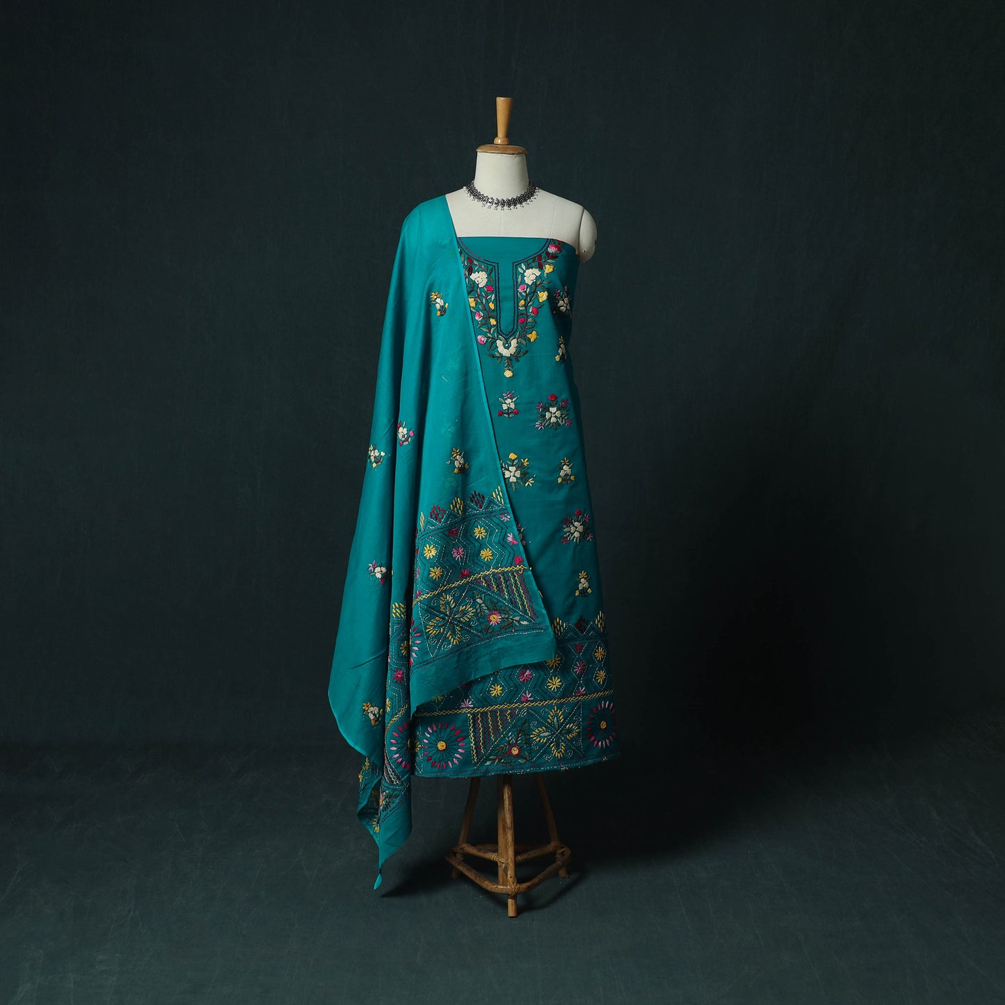 Blue - Hand Embroidered Cotton 3pc Unstitched Dress Material 50