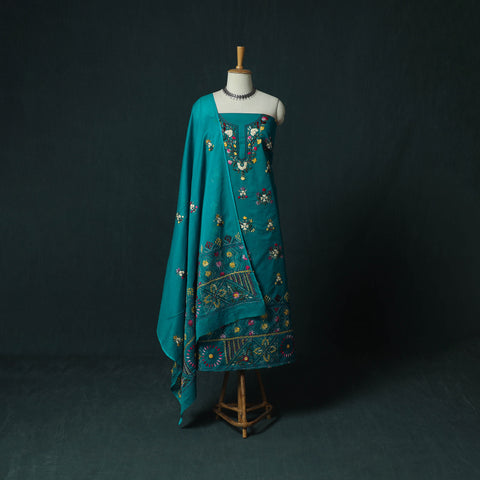 Blue - Hand Embroidered Cotton 3pc Unstitched Dress Material 50