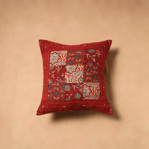 Red - Kutch Tagai Patchwork Ajrakh Cotton Cushion Cover (16 x 16 in) 22