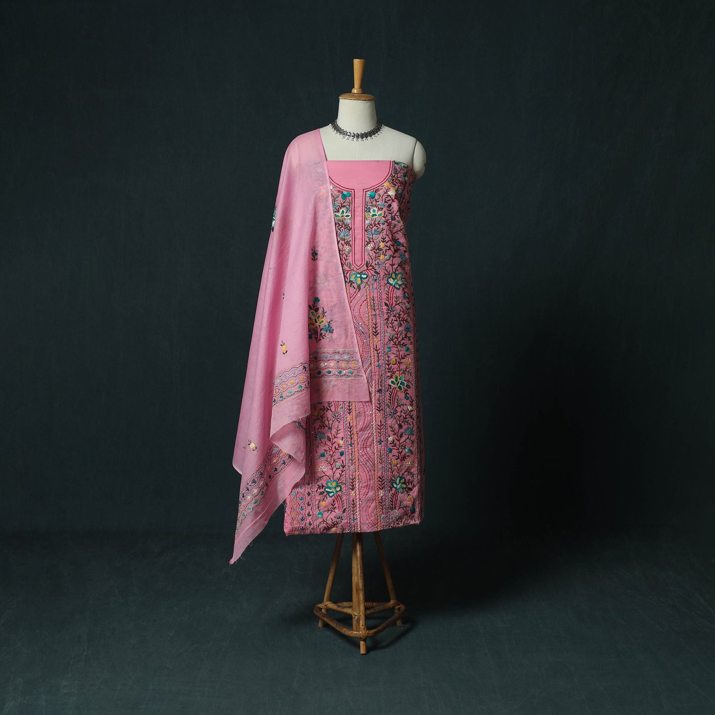 Pink - Hand Embroidered Cotton 3pc Unstitched Dress Material 52
