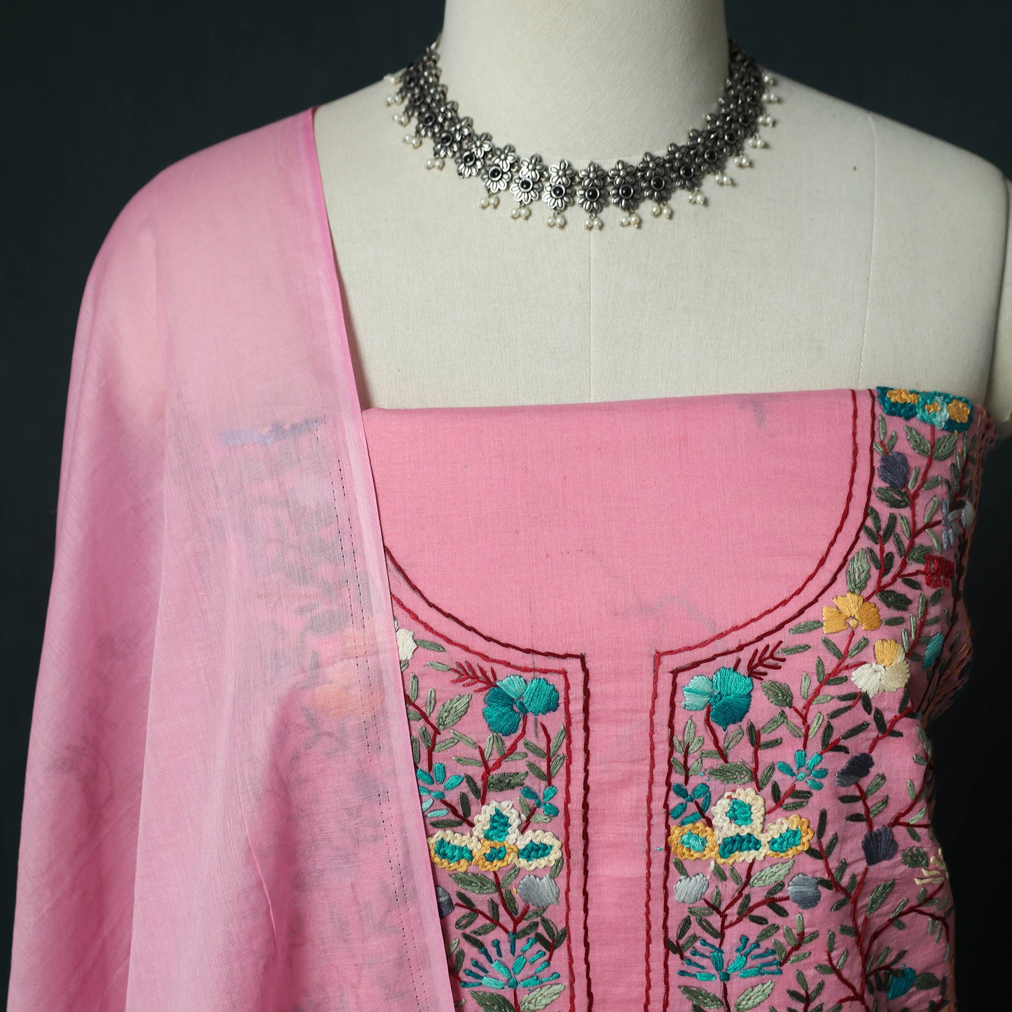 Pink - Hand Embroidered Cotton 3pc Unstitched Dress Material 52