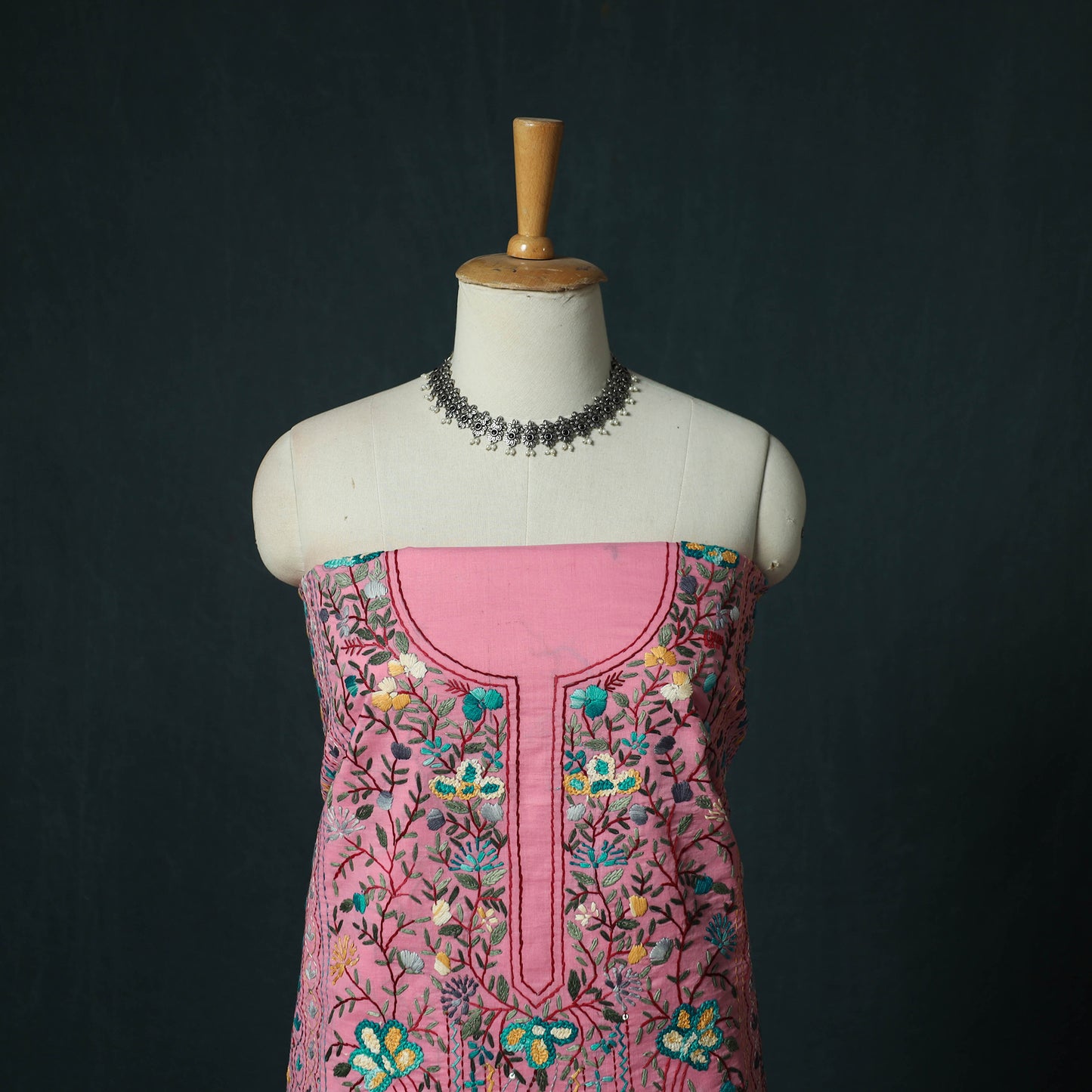 Pink - Hand Embroidered Cotton 3pc Unstitched Dress Material 52