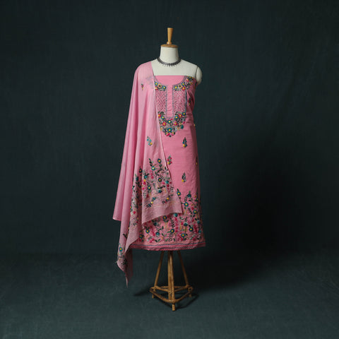 Pink - Hand Embroidered Cotton 3pc Unstitched Dress Material 53