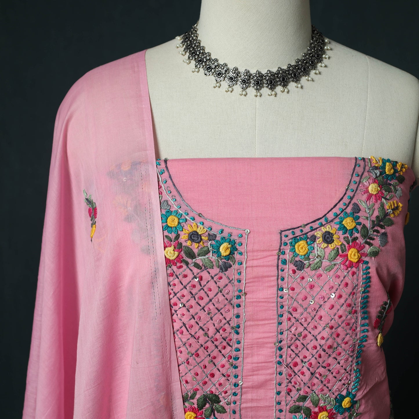 Pink - Hand Embroidered Cotton 3pc Unstitched Dress Material 53